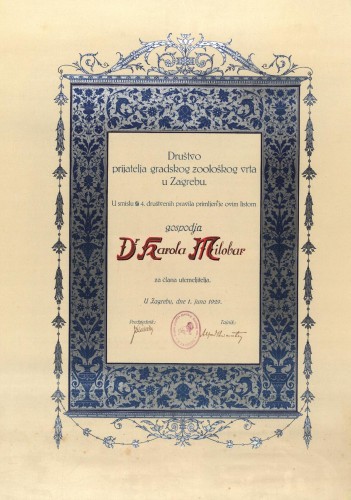 Društvo prijatelja gradskog zoološkog vrta u Zagrebu : [povelja]